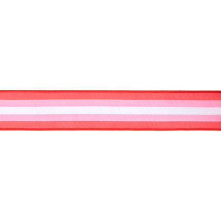 Red-based striped wired ribbon (pink-white accents) + red backing: fits celebratory displays and crafts.