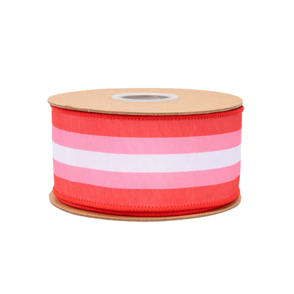 Wired ribbon: Red base with pink-white stripes + solid red backing — ideal for vibrant gift wrapping.