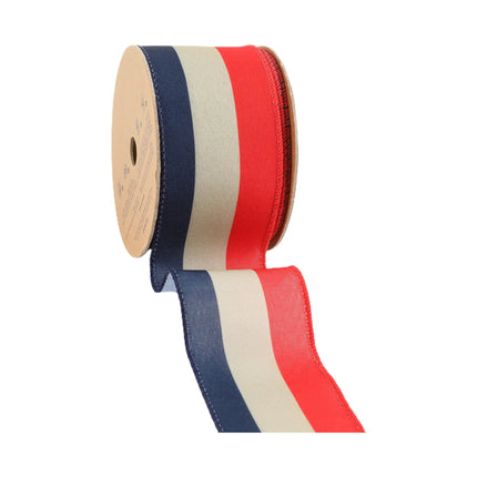 2 1/2" Wired Ribbon | Red/Natural/Blue Bunting Stripe | 10 Yard Roll