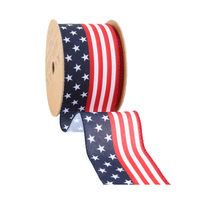 Deep Navy Blue American Flag Wired Ribbon with Premium Velvet Ribbon in Red/White/Blue/Gray |5 Rolls |50 Yards