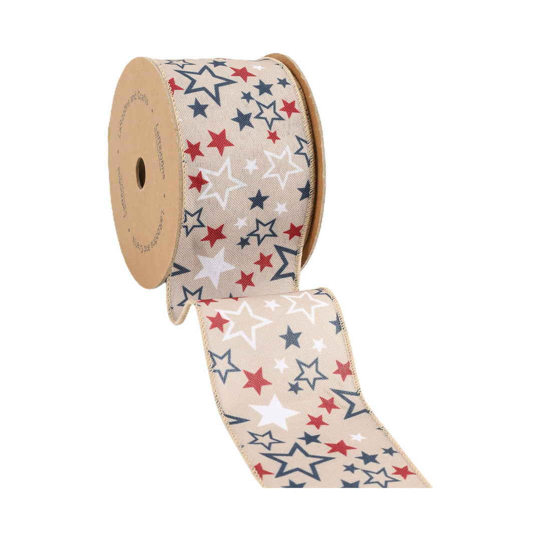 2 1/2" Wired Ribbon | Natural w/ Allover Red/White/Blue Stars | 10 Yard Roll