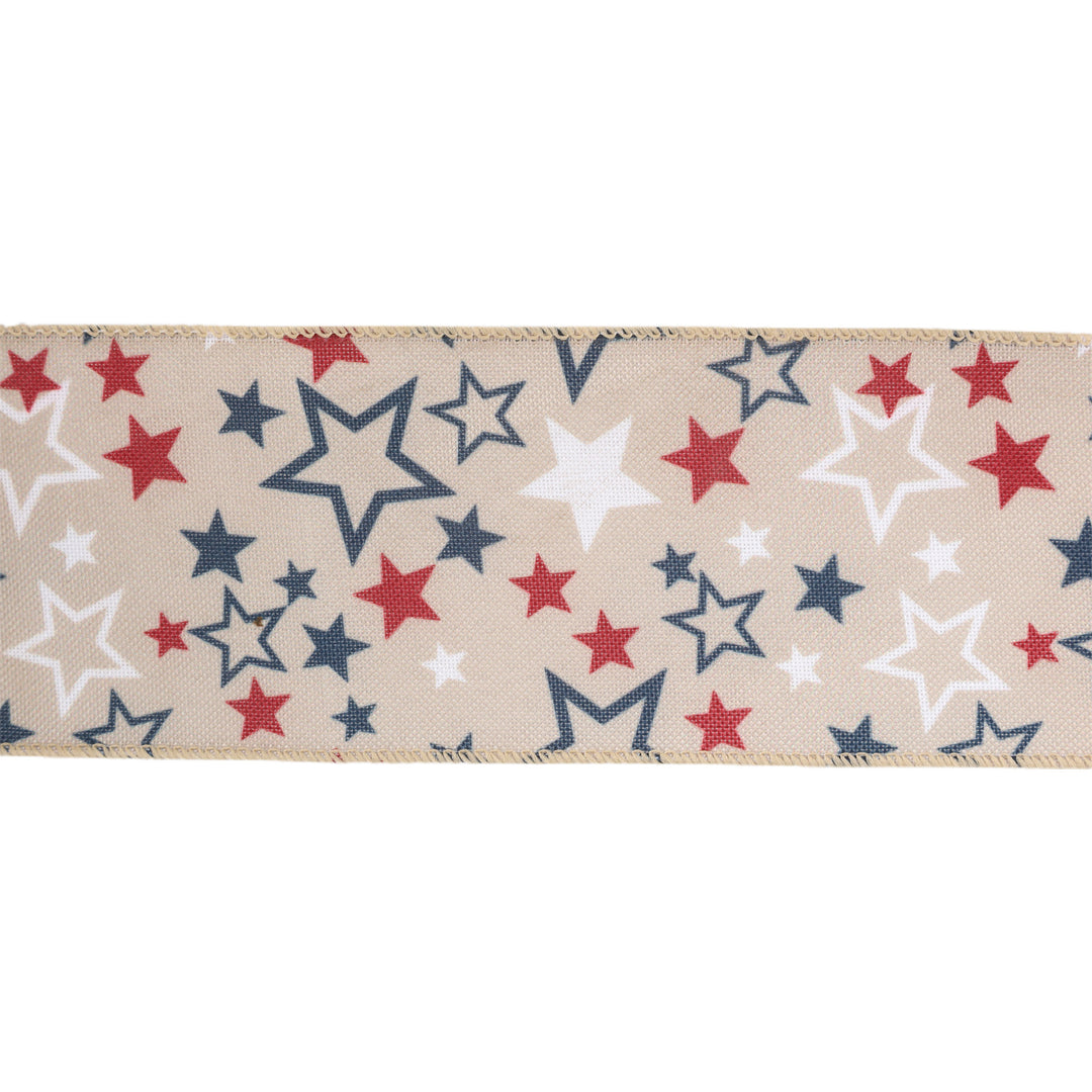 2 1/2" Wired Ribbon | Natural w/ Allover Red/White/Blue Stars | 10 Yard Roll