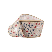2 1/2" Wired Ribbon | Natural w/ Allover Red/White/Blue Stars | 10 Yard Roll