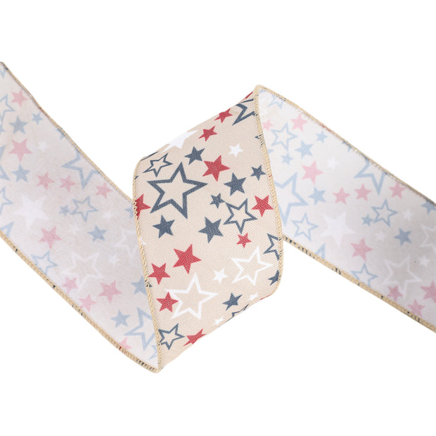 2 1/2" Wired Ribbon | Natural w/ Allover Red/White/Blue Stars | 10 Yard Roll