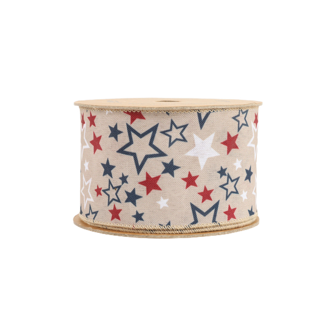 2 1/2" Wired Ribbon | Natural w/ Allover Red/White/Blue Stars | 10 Yard Roll