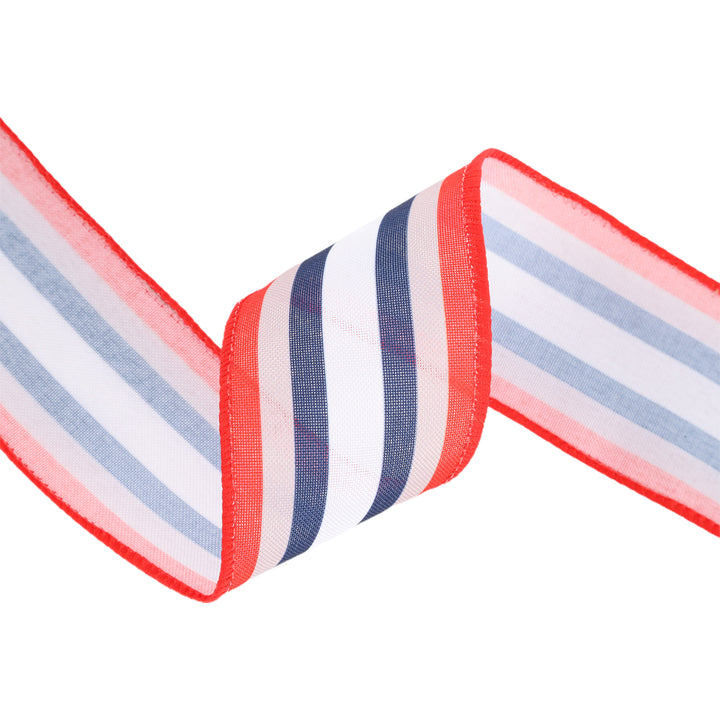 2 1/2 Wired Ribbon | Red/Natural/Blue/White Stripe | 10 Yard Roll