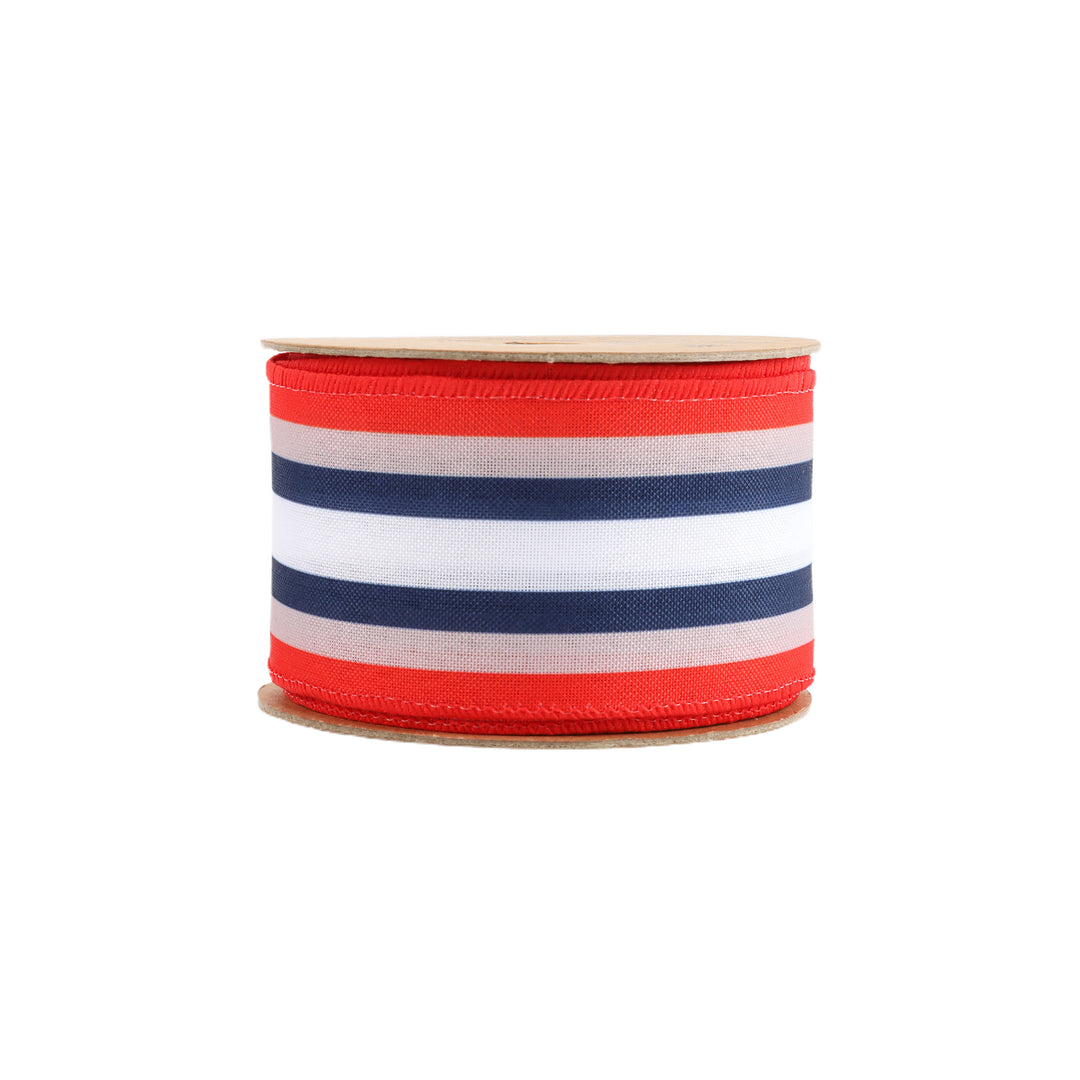 2 1/2 Wired Ribbon | Red/Natural/Blue/White Stripe | 10 Yard Roll