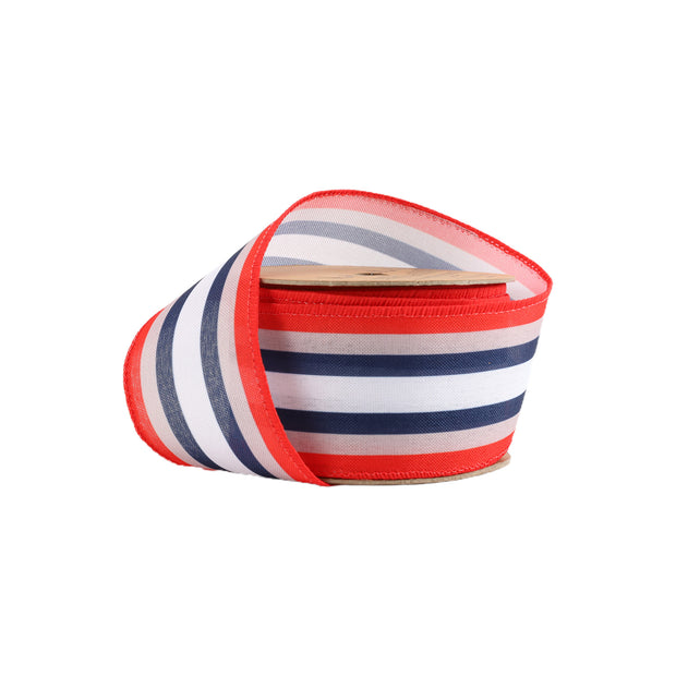 2 1/2 Wired Ribbon | Red/Natural/Blue/White Stripe | 10 Yard Roll