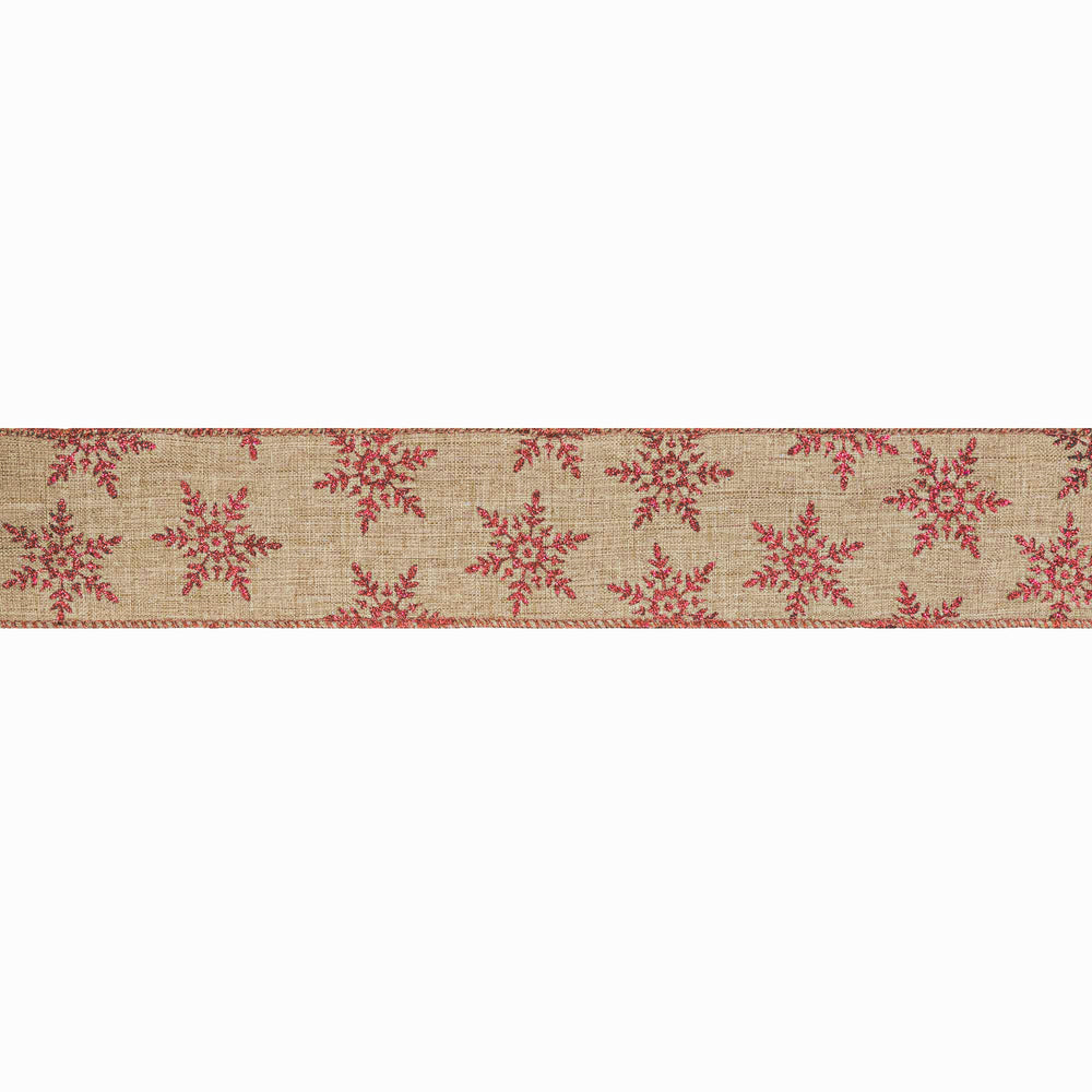 2 1/2" Wired Ribbon | Natural with Red Glitter Snowflakes Red Metallic Edge | 10 Yard Roll LaRibbons and Crafts