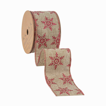2 1/2" Wired Ribbon | Natural with Red Glitter Snowflakes Red Metallic Edge | 10 Yard Roll LaRibbons and Crafts