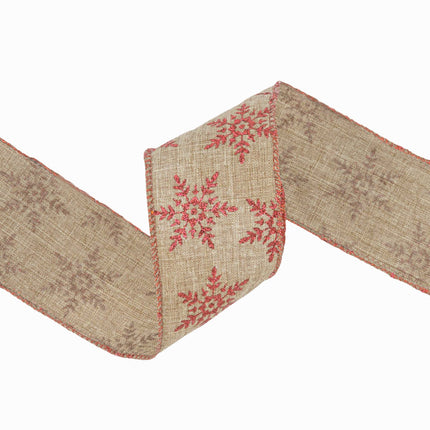 2 1/2" Wired Ribbon | Natural with Red Glitter Snowflakes Red Metallic Edge | 10 Yard Roll LaRibbons and Crafts