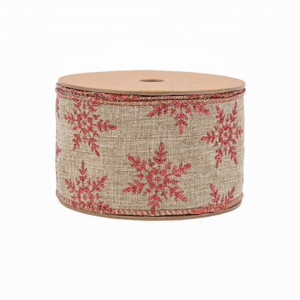 2 1/2" Wired Ribbon | Natural with Red Glitter Snowflakes Red Metallic Edge | 10 Yard Roll LaRibbons and Crafts