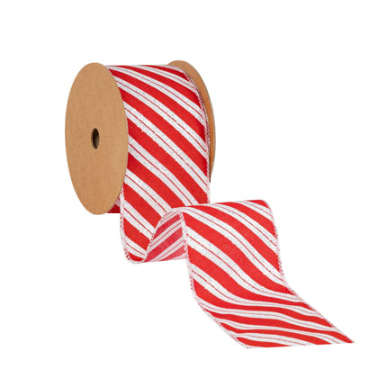 This spool of Christmas-themed ribbon, characterized by its Candy Cane glitter striped pattern.