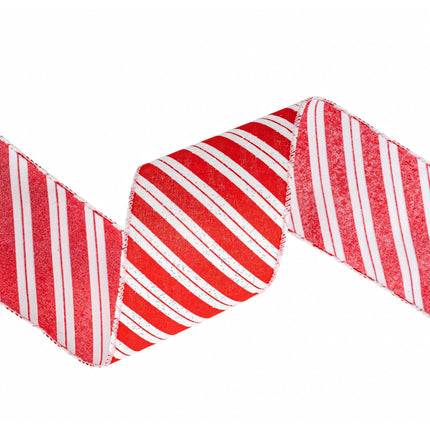 A piece of ribbon with a cheerful Candy Cane design accented by glitter, suitable for Christmas projects.