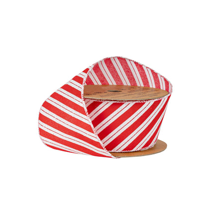 A spool of festive ribbon with Candy Cane diagonal stripes accented by glitter, perfect for Christmas decorations.