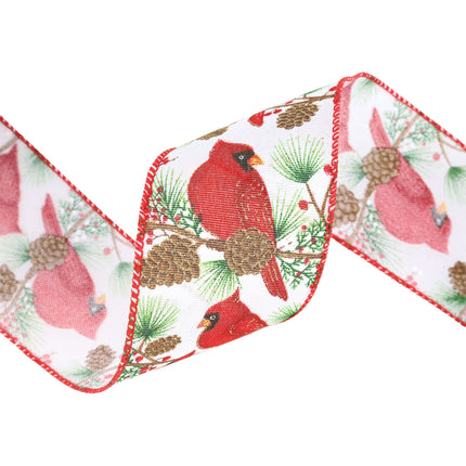 Red bird wired ribbon, both sides displayed, red cardinals, pine cones, distinct prints, red stitched edges.