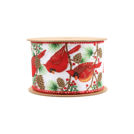 2 1/2" Wired Ribbon spool, red cardinals, pine cones, green pine, exquisite Christmas pattern, fine stitching.