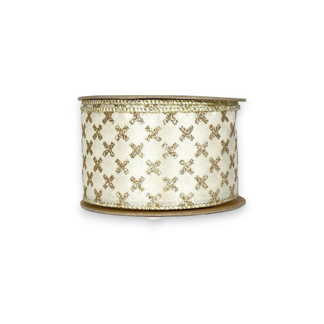 2 1/2" Wired Ribbon | Gold Cross on Taffeta | 10 Yard Roll LaRibbons and Crafts