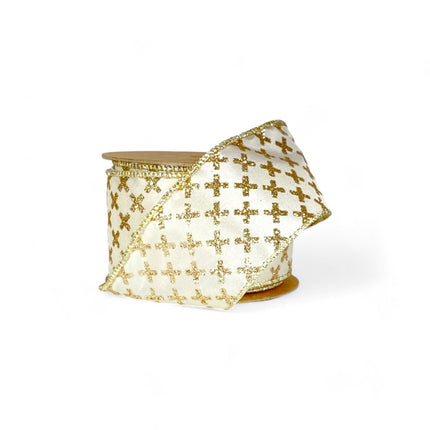 2 1/2" Wired Ribbon | Gold Cross on Taffeta | 10 Yard Roll LaRibbons and Crafts