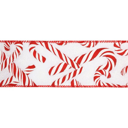 Decorative ribbon adorned with a classic candy cane print in red and white, ideal for seasonal decor.