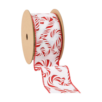 This spool of Christmas-themed ribbon, characterized by its playful red and white candy cane pattern.