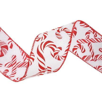 A piece of ribbon with a cheerful candy cane design in red and white, suitable for Christmas gift wrapping.