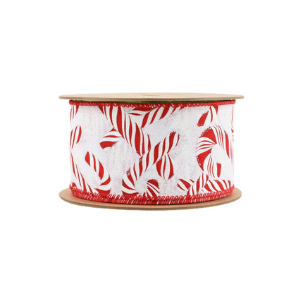 The ribbon with a vibrant red and white candy cane pattern, ideal for bringing a festive touch to holiday decorations.