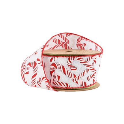 A spool of festive ribbon featuring a red and white candy cane pattern, perfect for Christmas decorations.