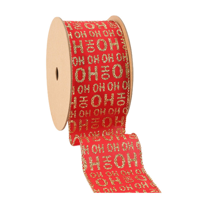 2 1/2" Wired Ribbon | Gold Ho Ho Ho on Red | 10 Yard Roll LaRibbons and Crafts