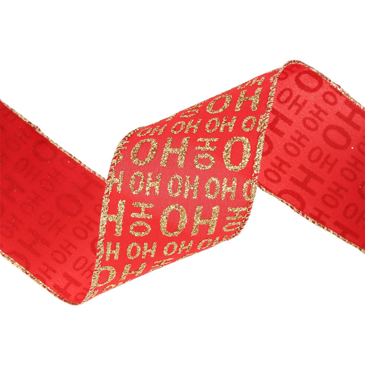2 1/2" Wired Ribbon | Gold Ho Ho Ho on Red | 10 Yard Roll LaRibbons and Crafts