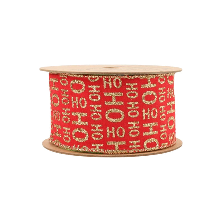 2 1/2" Wired Ribbon | Gold Ho Ho Ho on Red | 10 Yard Roll LaRibbons and Crafts