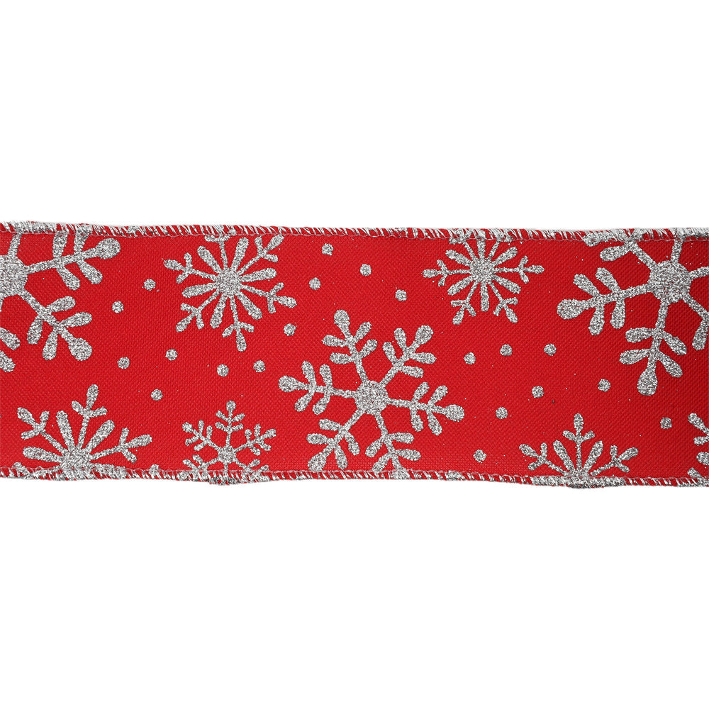 2 1/2" Faux Linen Wired Ribbon | Red w/ Giltter Silver Snowflake | 25 Yard Roll LaRibbons and Crafts