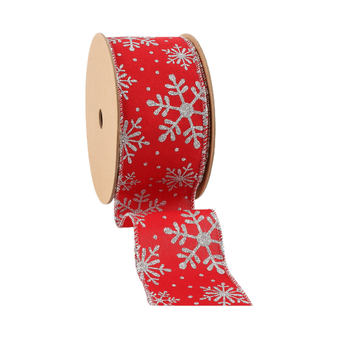 2 1/2" Faux Linen Wired Ribbon | Red w/ Giltter Silver Snowflake | 25 Yard Roll LaRibbons and Crafts