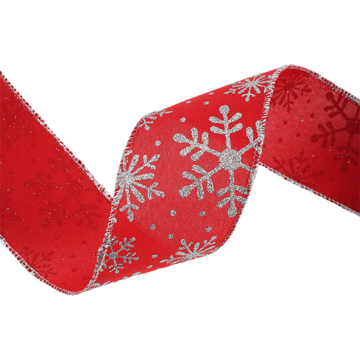 2 1/2" Faux Linen Wired Ribbon | Red w/ Giltter Silver Snowflake | 25 Yard Roll LaRibbons and Crafts