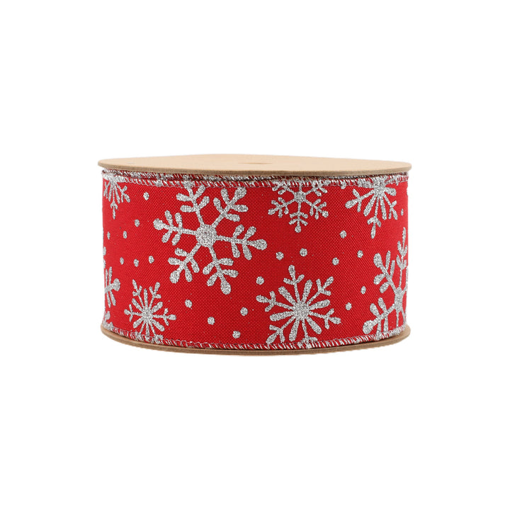 2 1/2" Faux Linen Wired Ribbon | Red w/ Giltter Silver Snowflake | 25 Yard Roll LaRibbons and Crafts