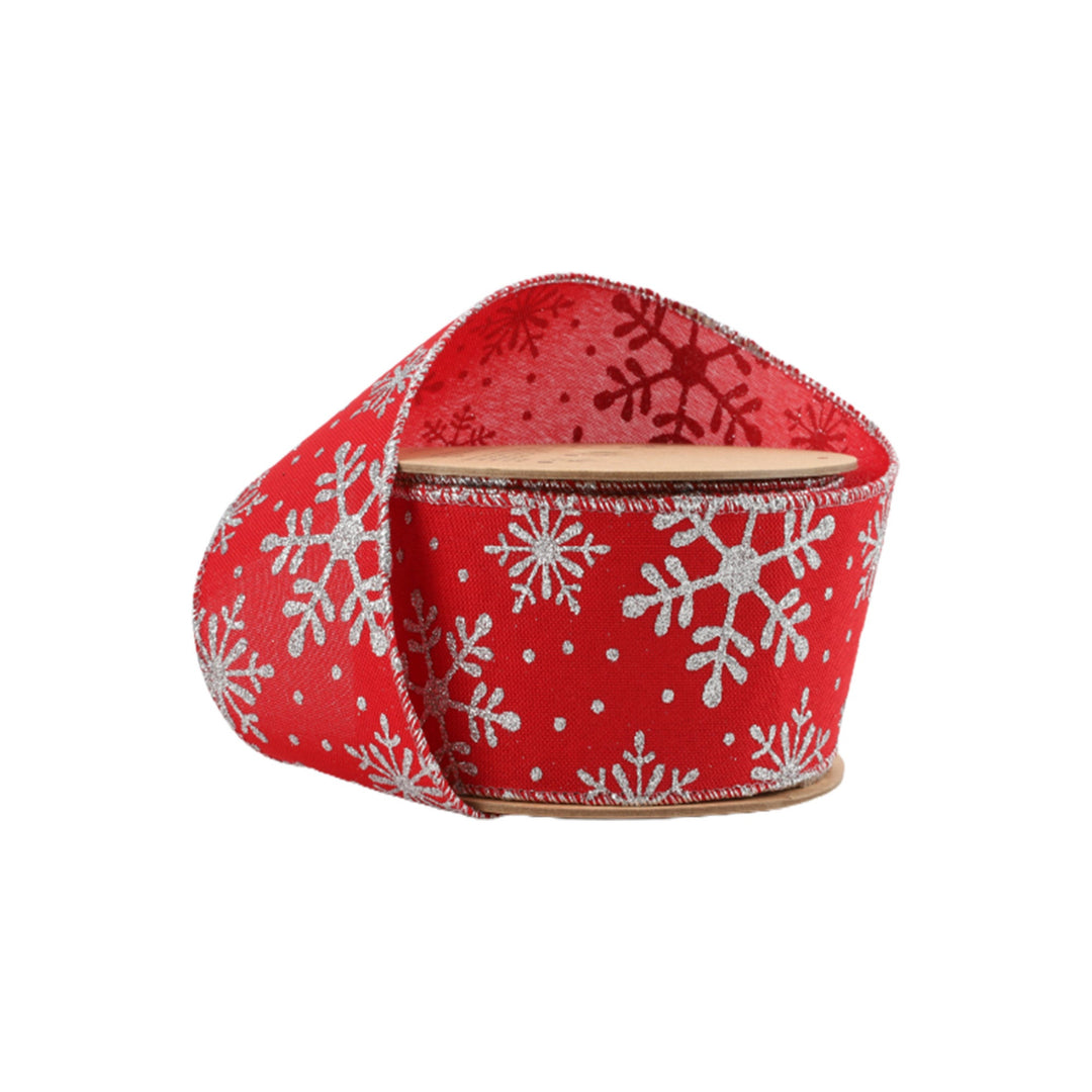 2 1/2" Faux Linen Wired Ribbon | Red w/ Giltter Silver Snowflake | 25 Yard Roll LaRibbons and Crafts
