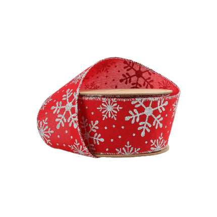 2 1/2" Faux Linen Wired Ribbon | Red w/ Giltter Silver Snowflake | 25 Yard Roll LaRibbons and Crafts