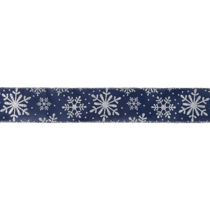 2 1/2" Faux Linen Wired Ribbon | Blue w/ Glitter Silver Snowflake | 25 Yard Roll LaRibbons and Crafts