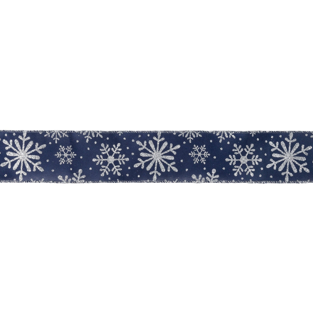 2 1/2" Faux Linen Wired Ribbon | Blue w/ Glitter Silver Snowflake | 25 Yard Roll LaRibbons and Crafts