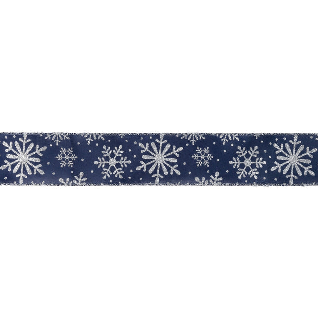 2 1/2" Faux Linen Wired Ribbon | Blue w/ Glitter Silver Snowflake | 25 Yard Roll LaRibbons and Crafts