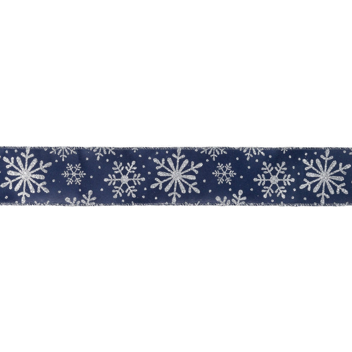 2 1/2" Faux Linen Wired Ribbon | Blue w/ Glitter Silver Snowflake | 25 Yard Roll LaRibbons and Crafts