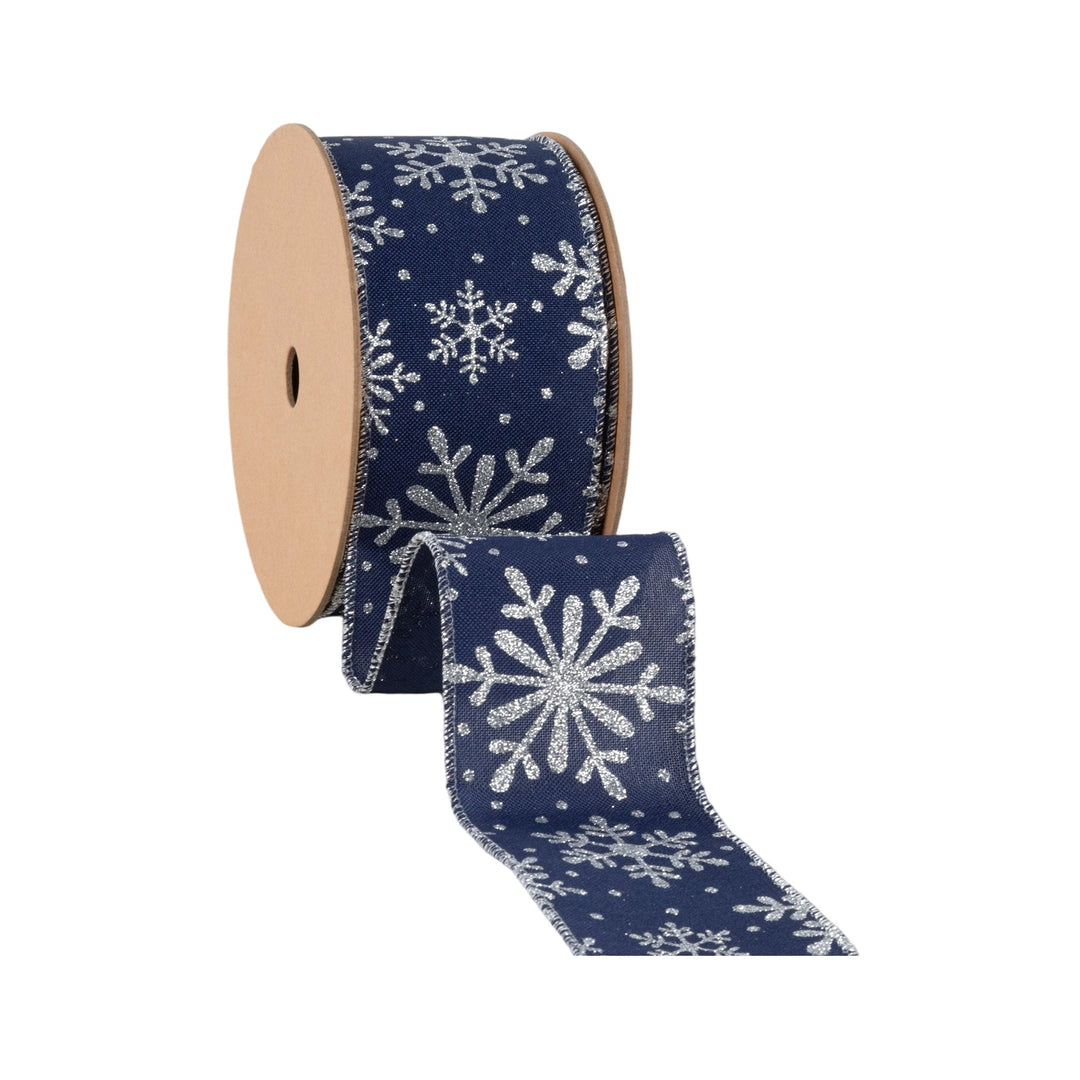 2 1/2" Faux Linen Wired Ribbon | Blue w/ Glitter Silver Snowflake | 25 Yard Roll LaRibbons and Crafts