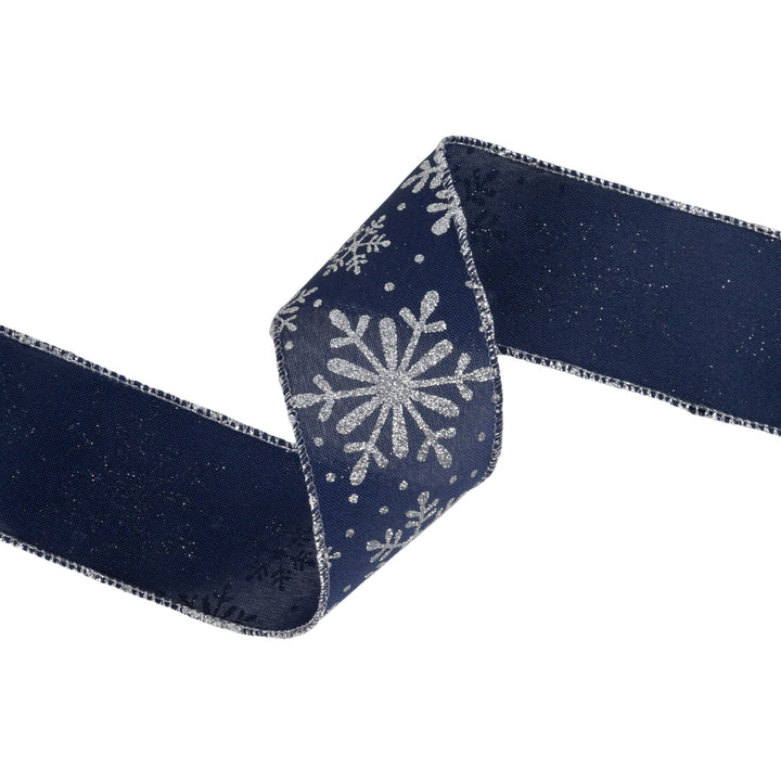 2 1/2" Faux Linen Wired Ribbon | Blue w/ Glitter Silver Snowflake | 25 Yard Roll LaRibbons and Crafts