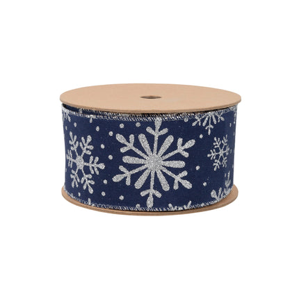 2 1/2" Faux Linen Wired Ribbon | Blue w/ Glitter Silver Snowflake | 25 Yard Roll LaRibbons and Crafts