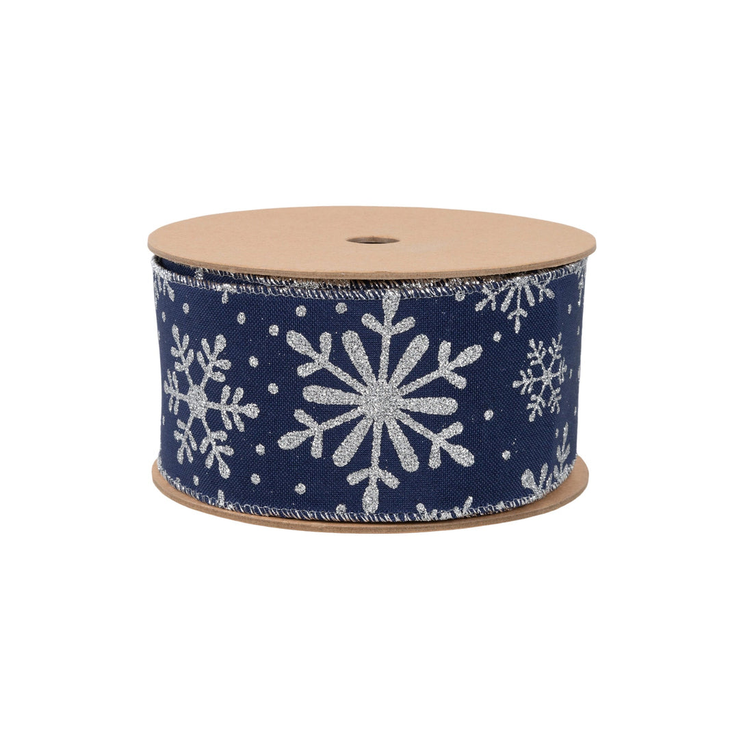 2 1/2" Faux Linen Wired Ribbon | Blue w/ Glitter Silver Snowflake | 25 Yard Roll LaRibbons and Crafts