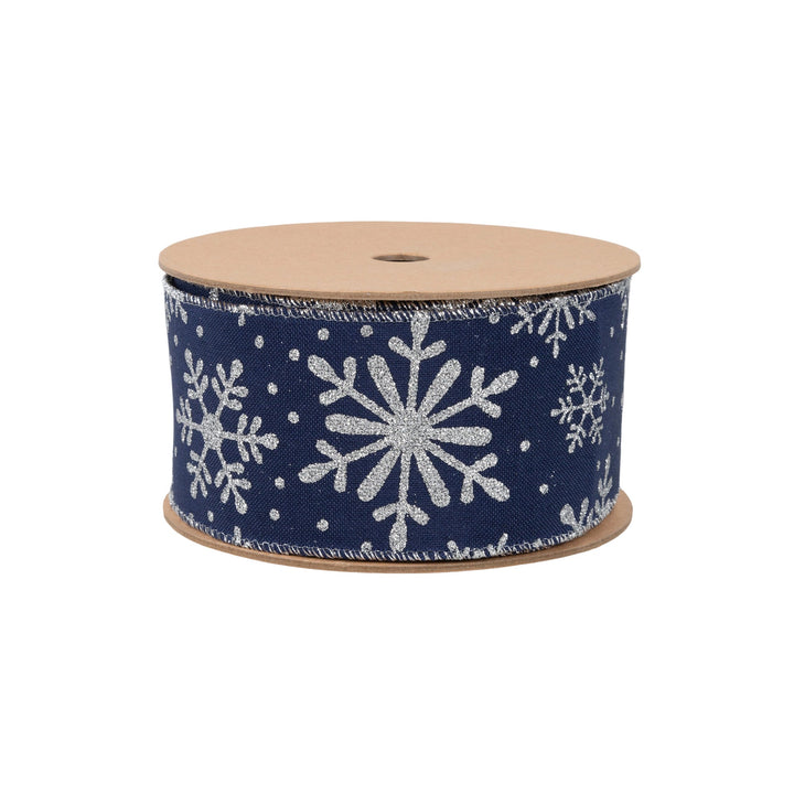 2 1/2" Faux Linen Wired Ribbon | Blue w/ Glitter Silver Snowflake | 25 Yard Roll LaRibbons and Crafts