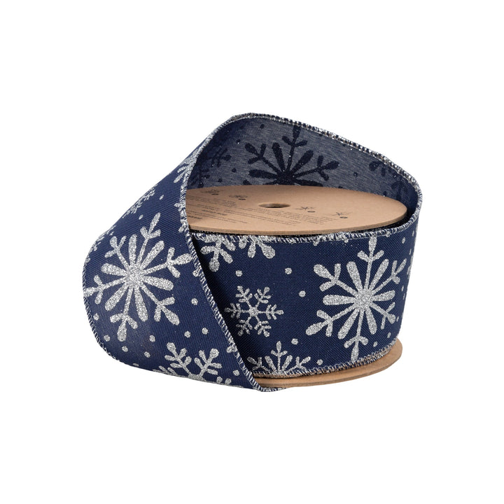 2 1/2" Faux Linen Wired Ribbon | Blue w/ Glitter Silver Snowflake | 25 Yard Roll LaRibbons and Crafts