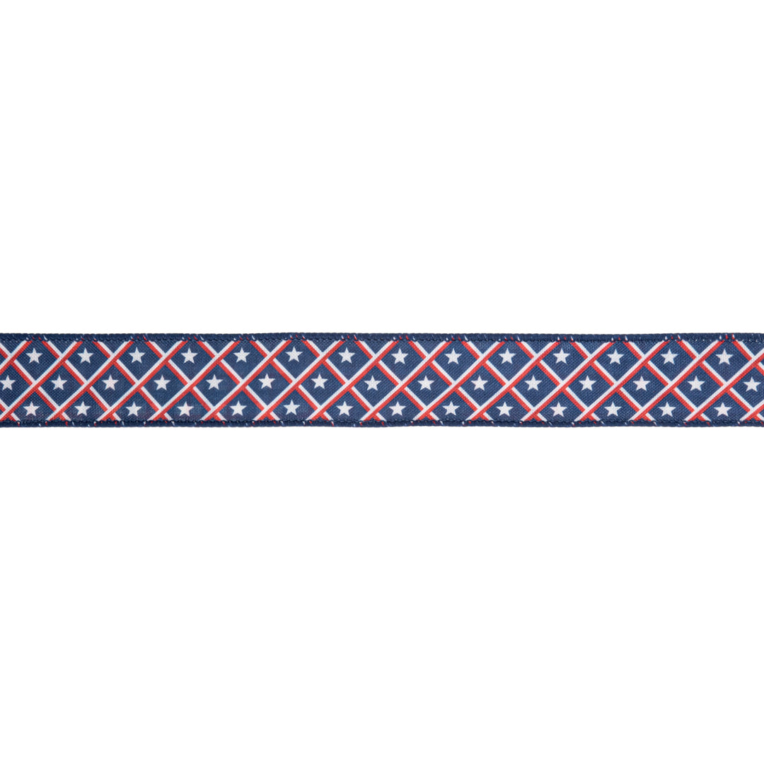 1 1/2" Wired Ribbon | Patriotic Diamond Stars/Plaid | 10 Yard Roll