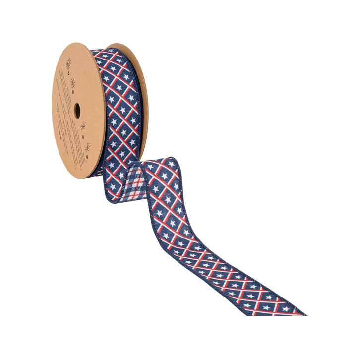 1 1/2" Wired Ribbon | Patriotic Diamond Stars/Plaid | 10 Yard Roll