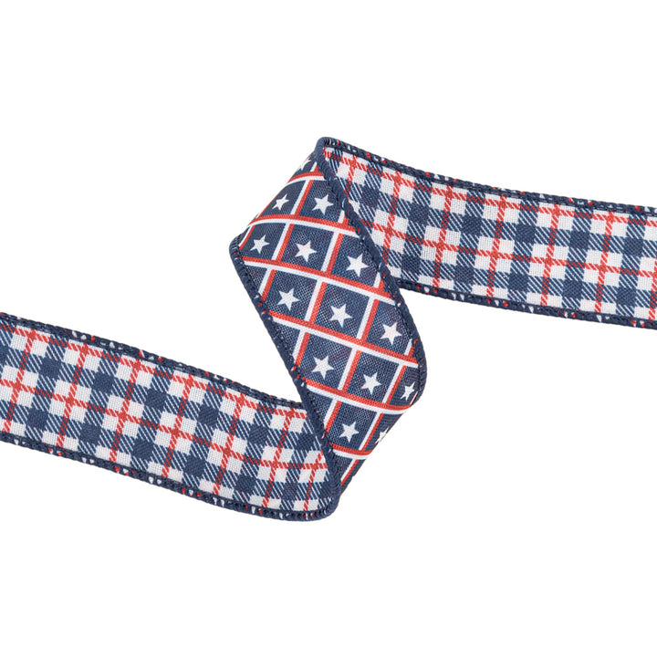 1 1/2" Wired Ribbon | Patriotic Diamond Stars/Plaid | 10 Yard Roll